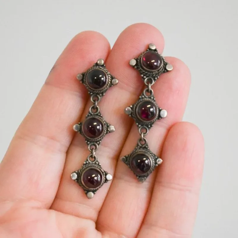 Vintage Oxidised Triple-Drop Maroon Stone Earrings
