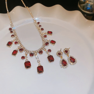 Royal Ruby Red Crystal Statement Necklace & Earrings Set