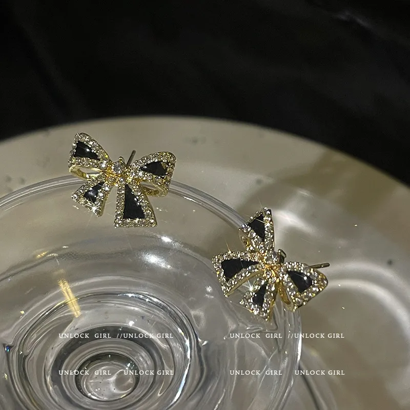 Black Bow Crystal Stud Earrings