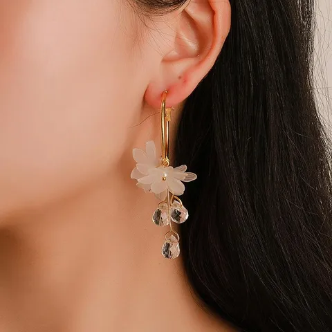Floral Crystal Drop Hoop Earrings - Image 7