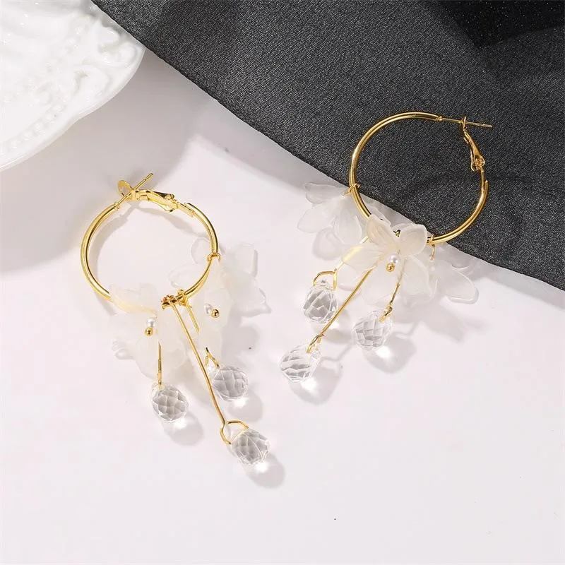 Floral Crystal Drop Hoop Earrings - Image 5