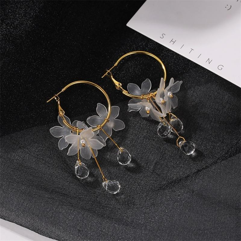 Floral Crystal Drop Hoop Earrings