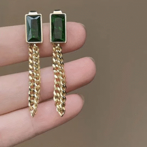 Emerald Green Rectangle Stone Chain Drop Earrings