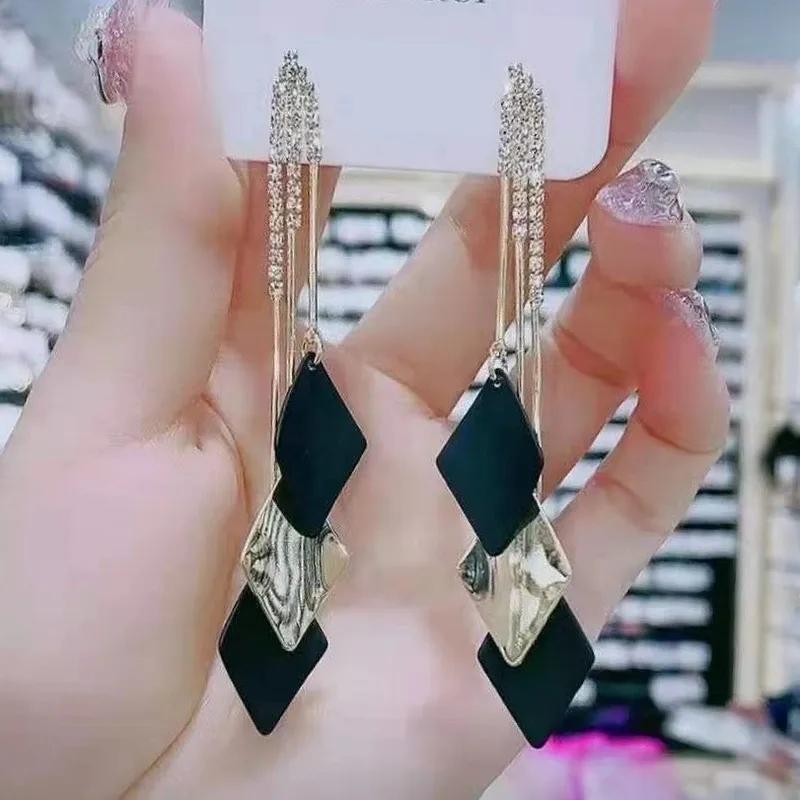 Black & Gold Diamond Cascade Long Drop Earrings