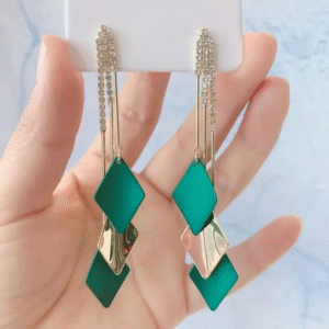 Green & Gold Geometric Layered Drop Earrings