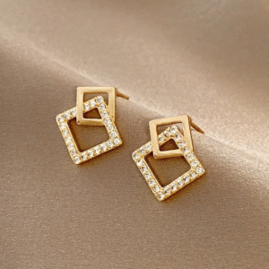 Gold Interlocked Square Crystal Stud Earrings