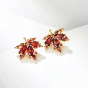 Red Maple Leaf Crystal Stud Earrings