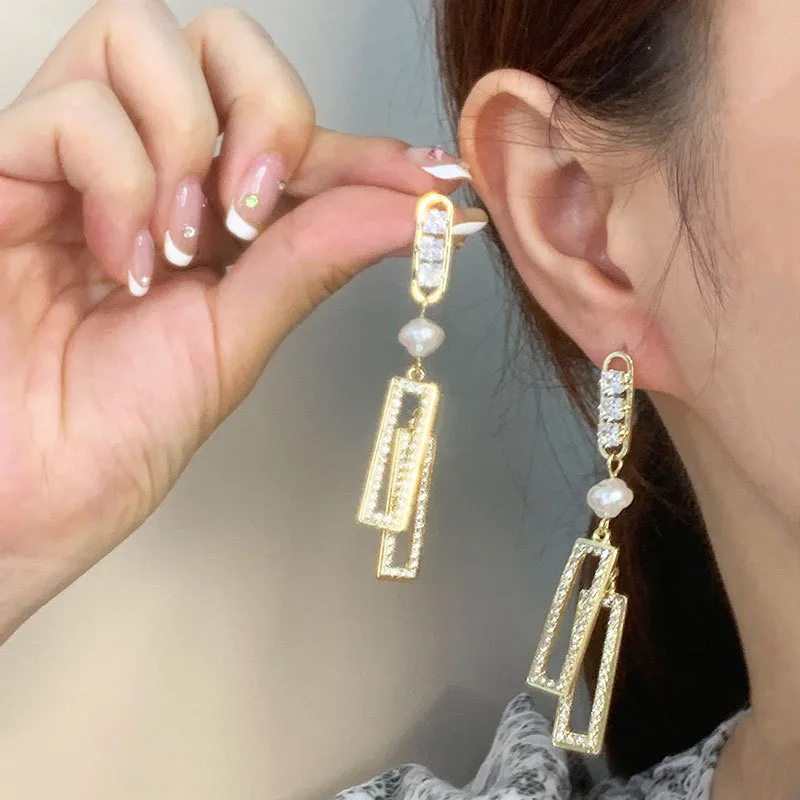 Geometric Gold & Pearl Dangle Earrings