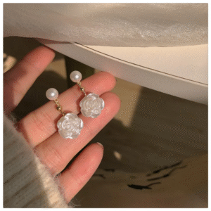 Pearl & White Rose Drop Earrings