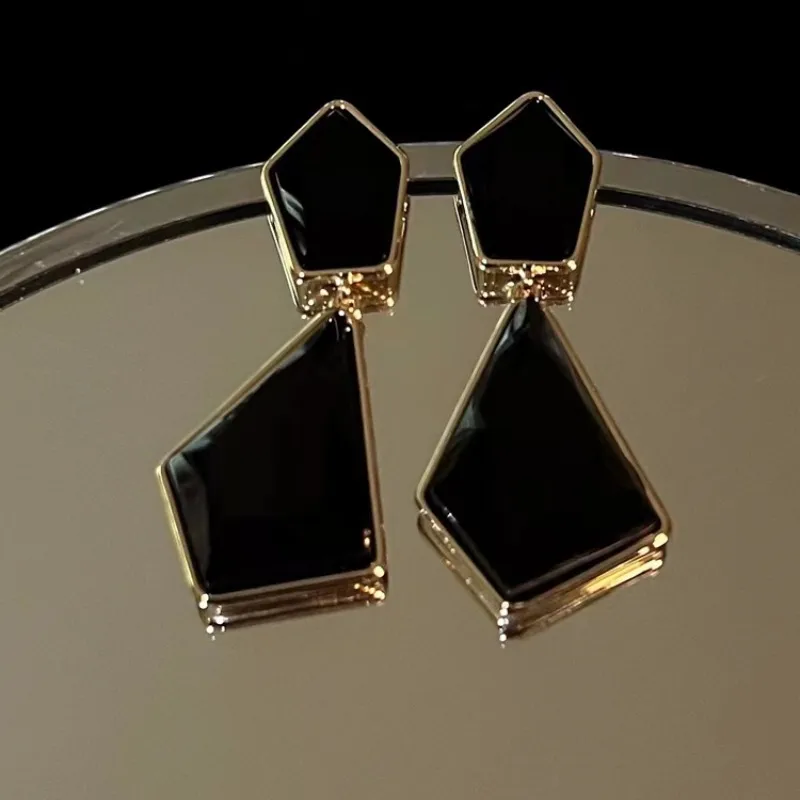 Black Geometric Statement Drop Earrings