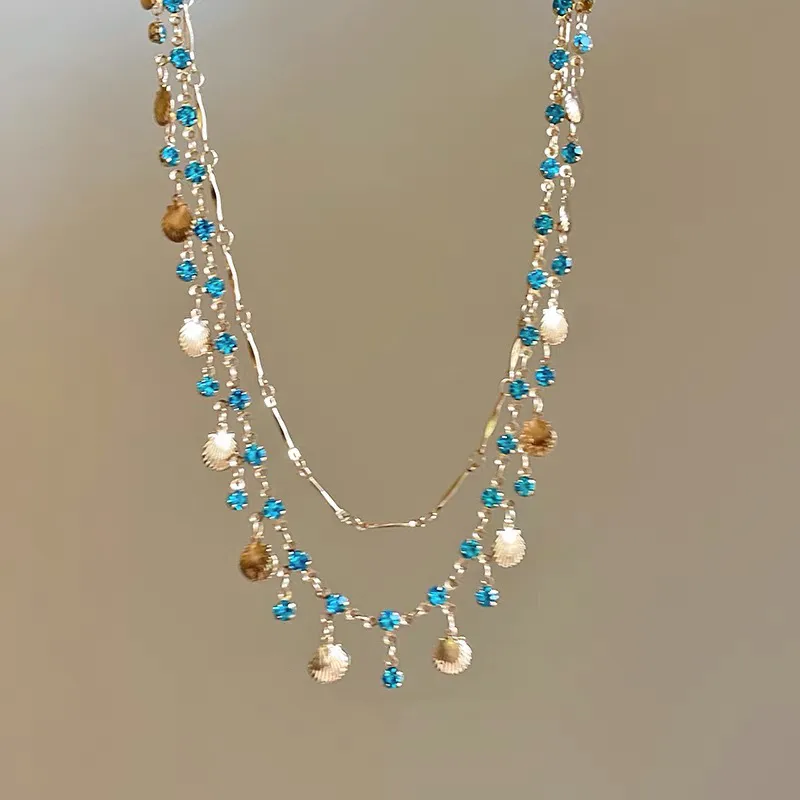 Ocean Blue Crystal Seashell Necklace & Bracelet – Trendy Beach Style Layered Party Wear Jewellery - Image 4