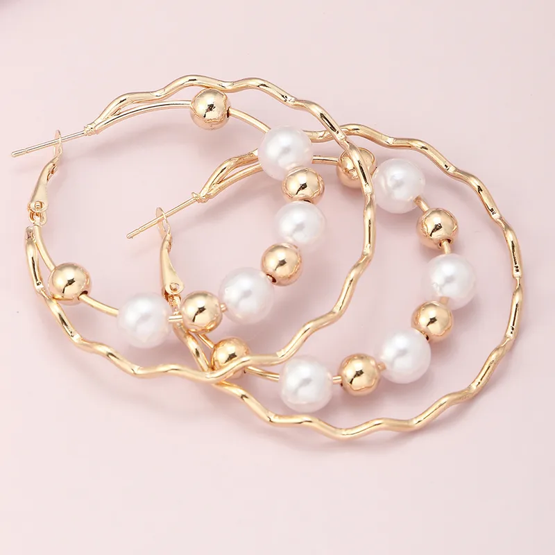 Dual Hoop Pearl & Gold Bead Earrings - Image 5
