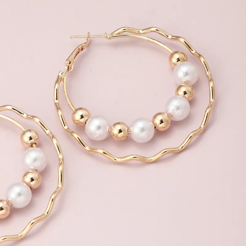 Dual Hoop Pearl & Gold Bead Earrings - Image 4