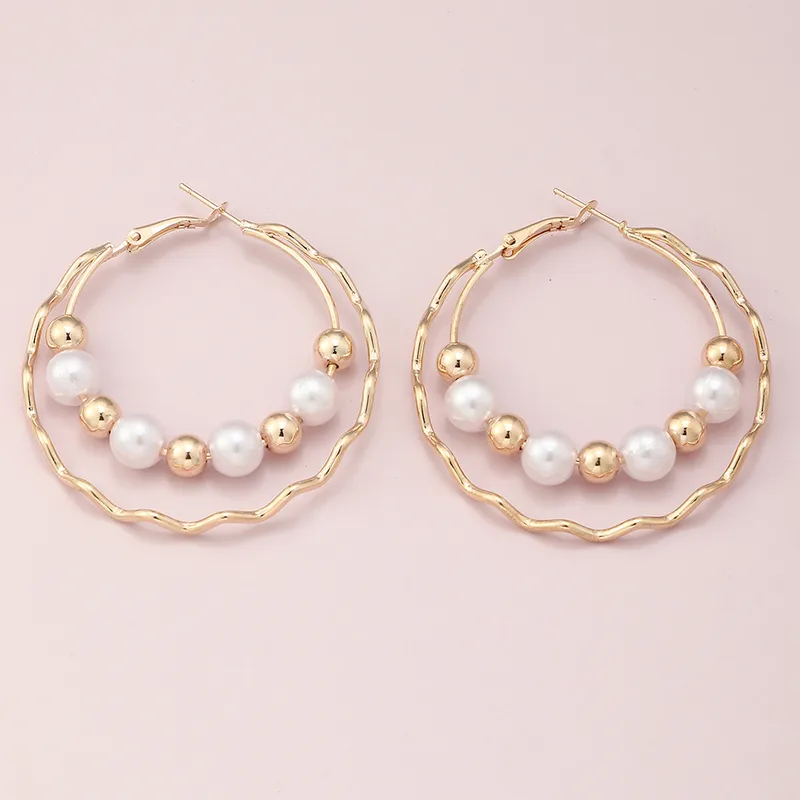 Dual Hoop Pearl & Gold Bead Earrings - Image 3