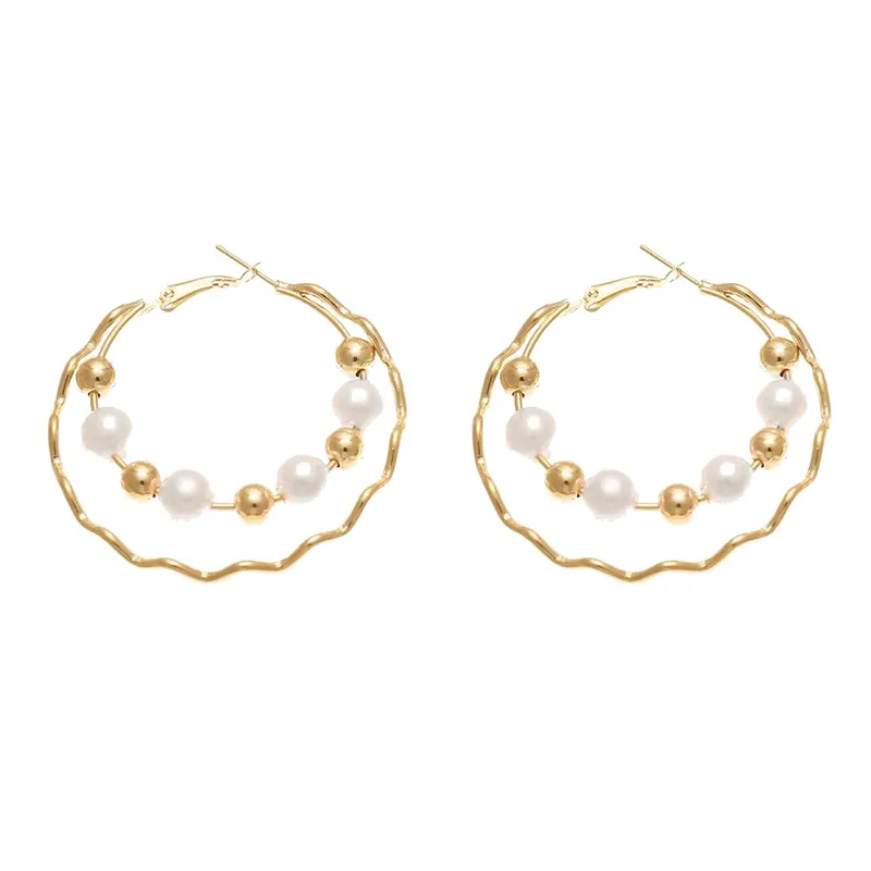 Dual Hoop Pearl & Gold Bead Earrings - Image 2