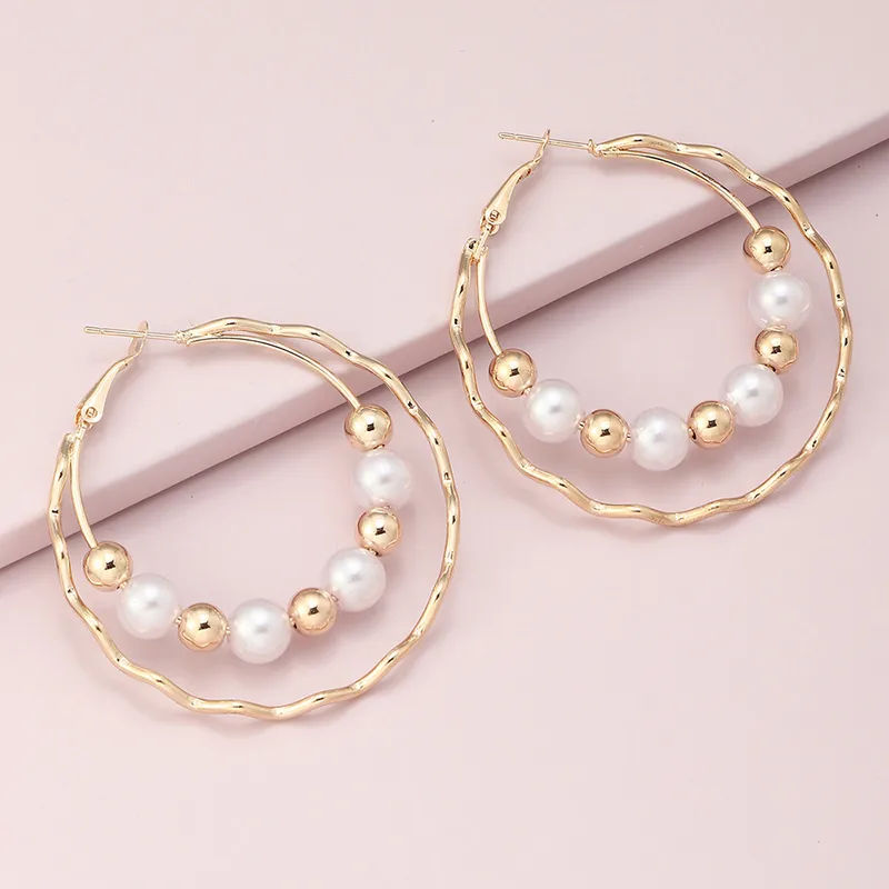 Dual Hoop Pearl & Gold Bead Earrings
