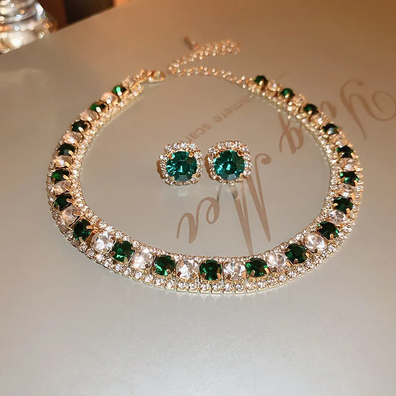 Emerald Green Crystal Choker Necklace & Stud Earrings Set - EMD03 - Image 3