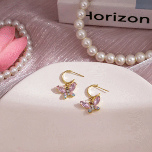 Pink Crystal Butterfly Drop Earrings