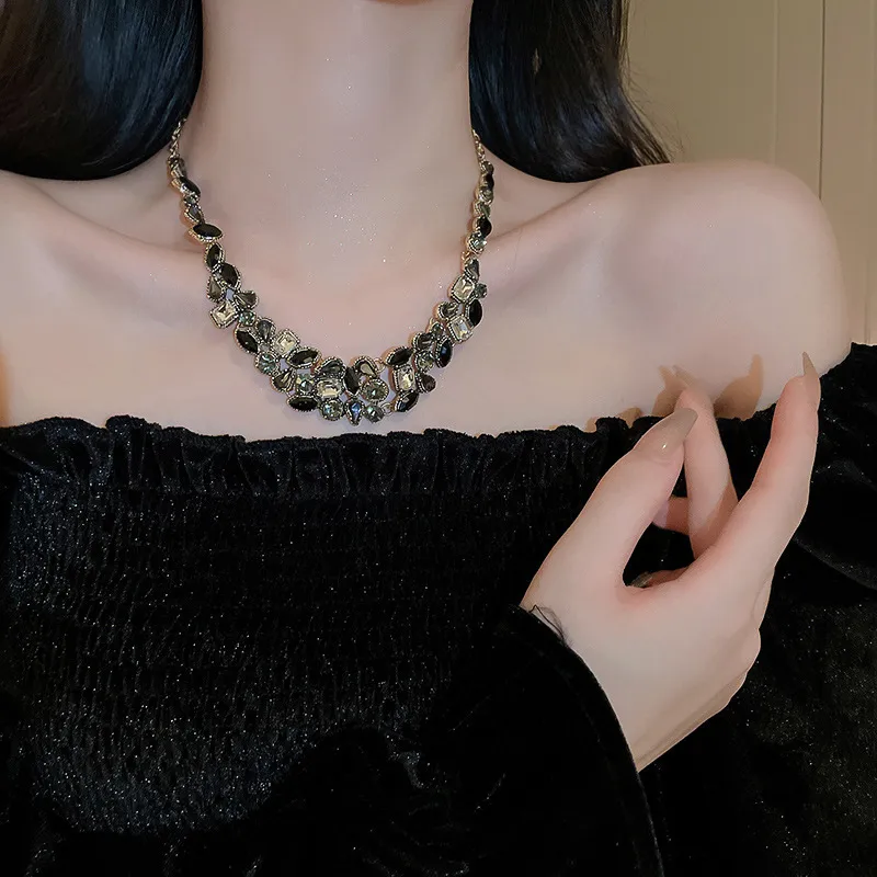 Black Crystal Floral Designer Necklace