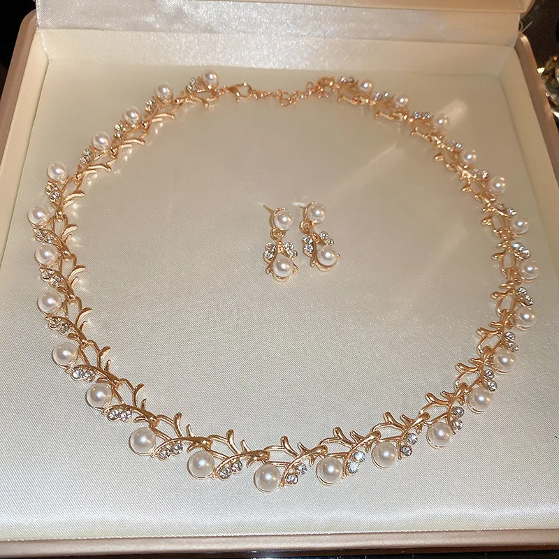 Pearl & Crystal Vine Necklace with Matching Earrings