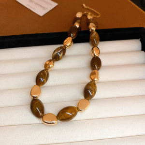 Glossy Brown Stone & Gold Plated Statement Necklace