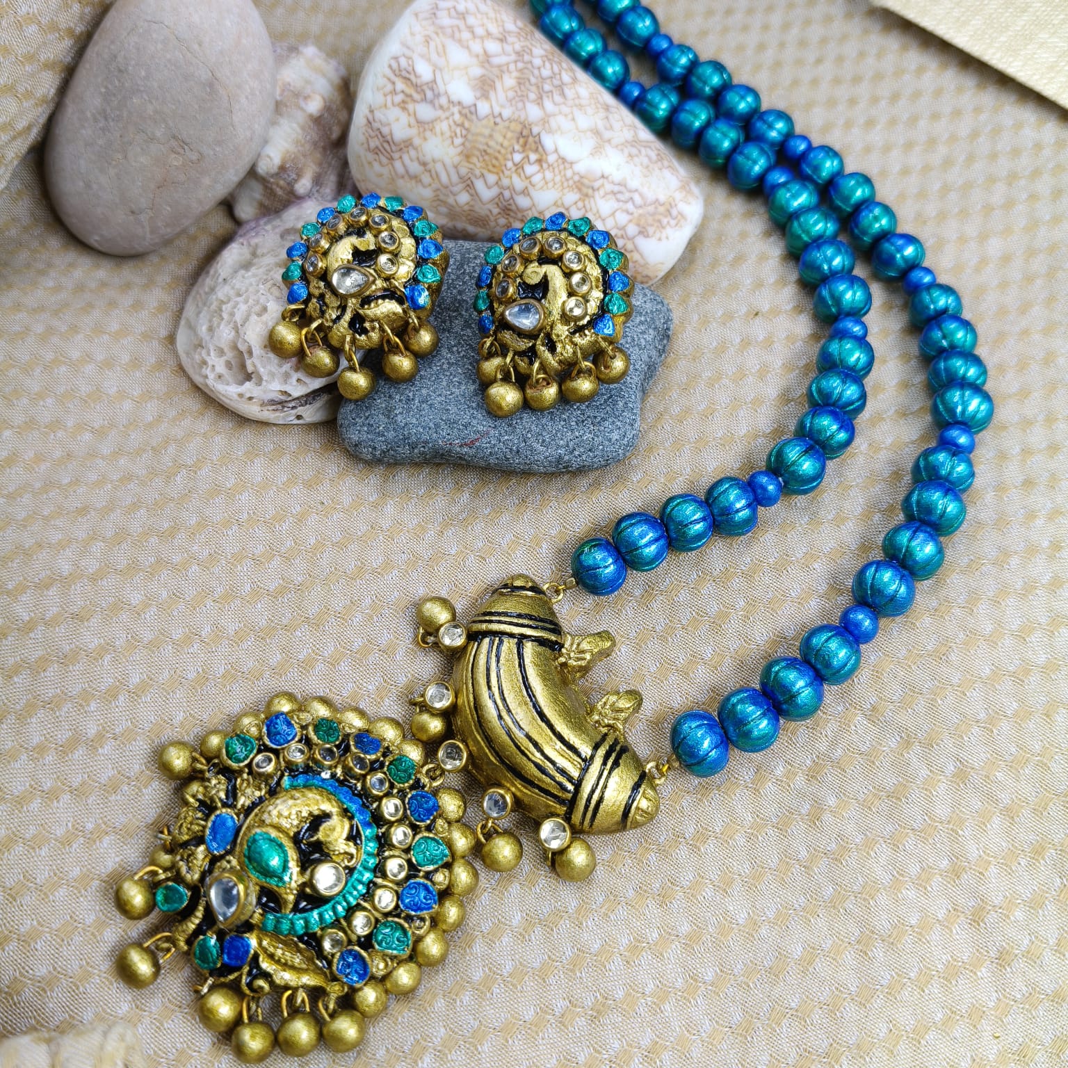 Blue Peacock Terracotta Jewellery Set - Image 9