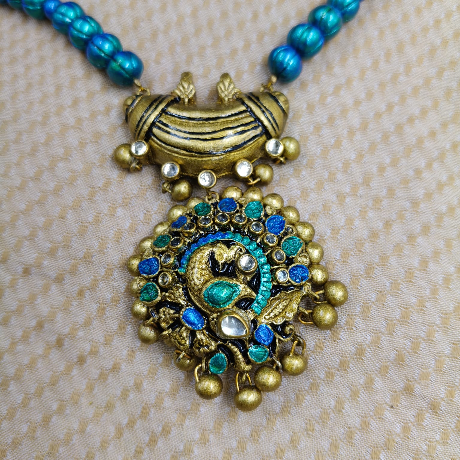 Blue Peacock Terracotta Jewellery Set - Image 5