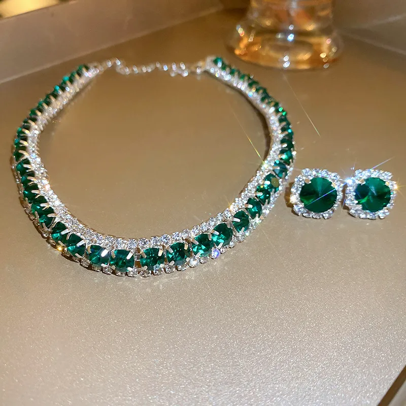 Emerald Green Crystal Choker Necklace & Stud Earrings Set - EMD03
