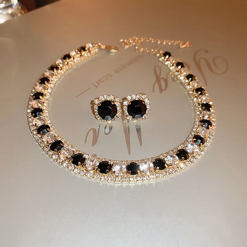 Black Crystal Choker Necklace & Stud Earrings Set