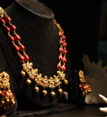 Antique gold red coral bead necklace and jhumka earring set — d2dazzle.com