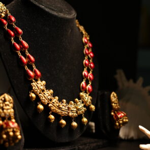 Antique gold red coral bead necklace and jhumka earring set — d2dazzle.com