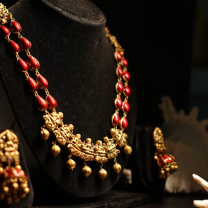 Antique gold red coral bead necklace and jhumka earring set — d2dazzle.com