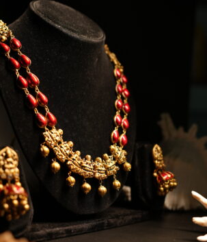 Antique gold red coral bead necklace and jhumka earring set — d2dazzle.com