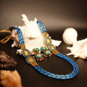 Royal blue peacock beaded necklace set with matching traditional jhumka earrings