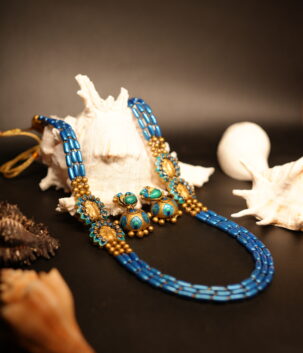 Royal blue peacock beaded necklace set with matching traditional jhumka earrings