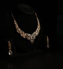 Luxury crystal bridal necklace set with teardrop stones and matching drop earrings in gold-tone finish