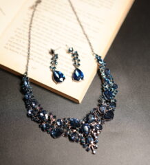 Royal blue sapphire crystal floral choker necklace and drop earring set