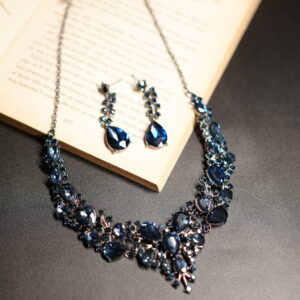 Royal blue sapphire crystal floral choker necklace and drop earring set