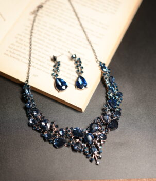 Royal blue sapphire crystal floral choker necklace and drop earring set