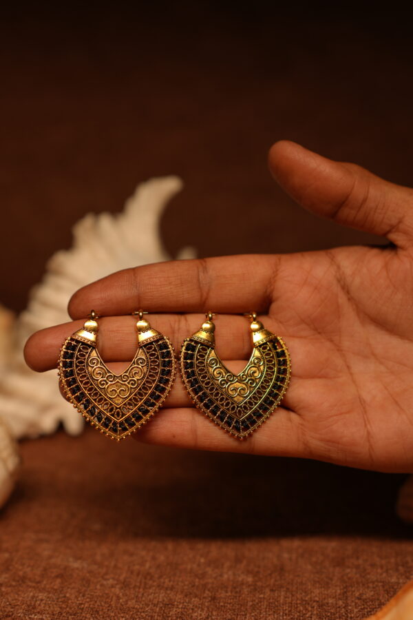 Antique Gold Filigree Statement Chandelier Earrings with Black Crystal Embellishments