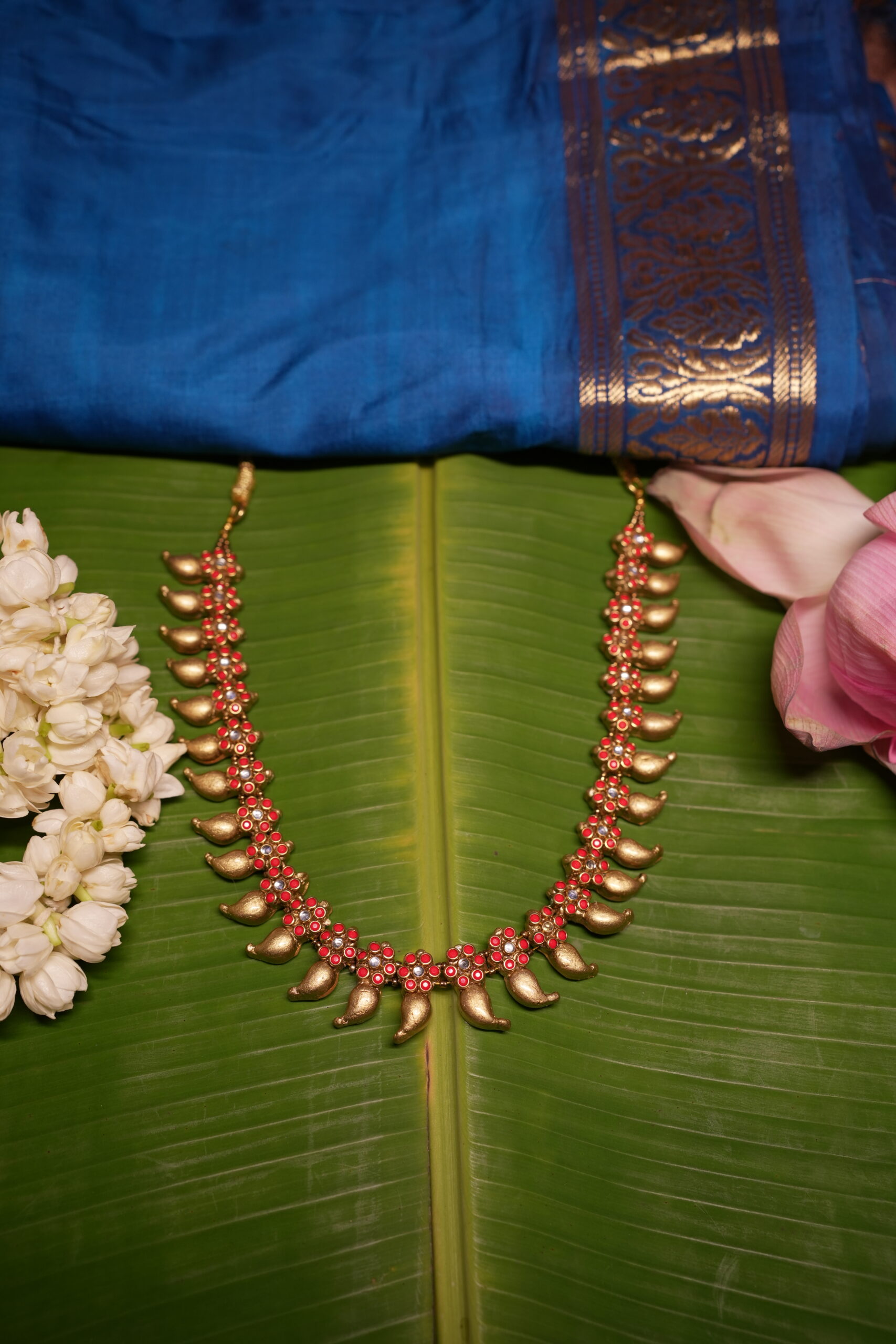 Antique gold mango mala necklace set with matching jhumka