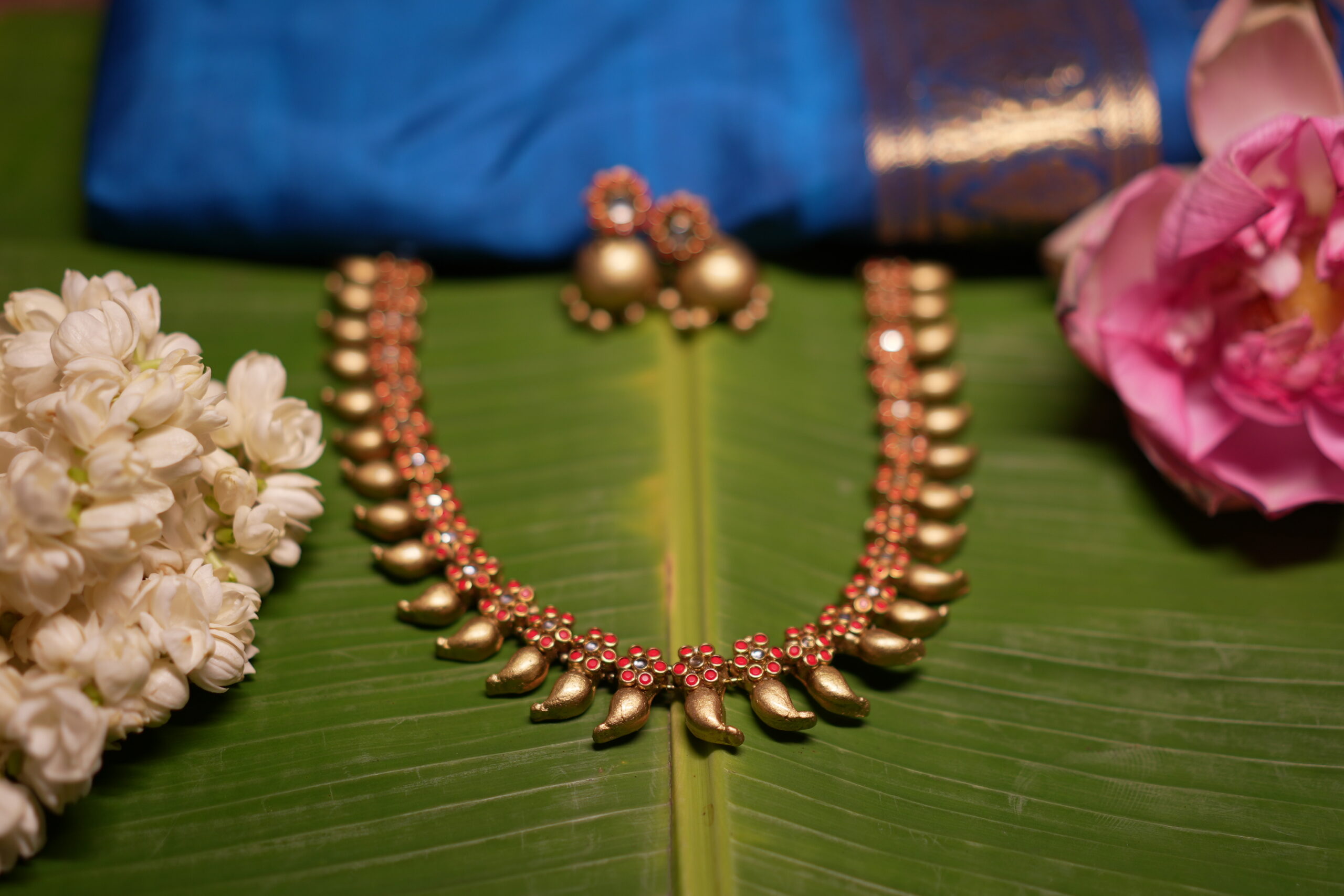 Antique gold mango mala necklace set with matching jhumka