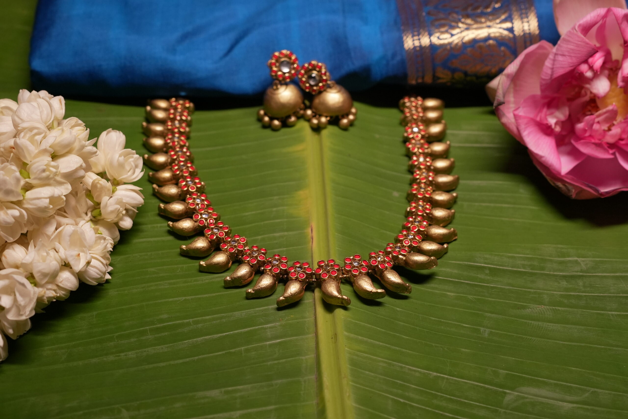 Antique Gold Mango Mala Necklace Set with Jhumka Earrings | Red Kundan Temple Jewellery