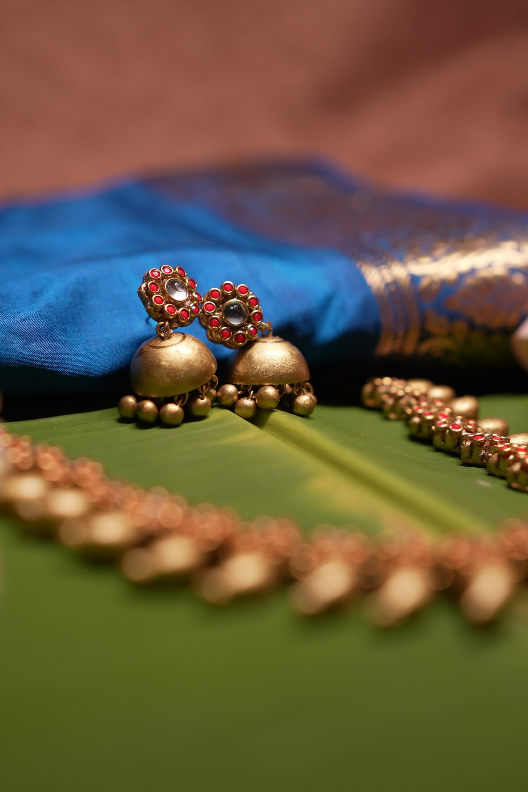 Antique gold mango mala necklace set with matching jhumka