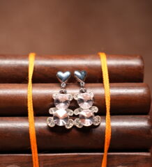 Silver heart stud crystal bear drop earrings with sparkling rhinestone pendant on wooden jewellery stand – D2Dazzle fashion jewellery