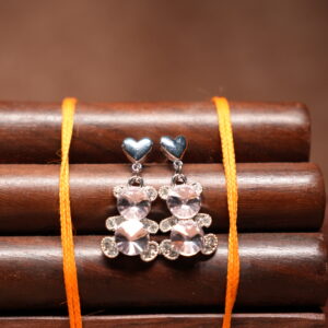 Silver heart stud crystal bear drop earrings with sparkling rhinestone pendant on wooden jewellery stand – D2Dazzle fashion jewellery