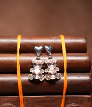 Silver heart stud crystal bear drop earrings with sparkling rhinestone pendant on wooden jewellery stand – D2Dazzle fashion jewellery