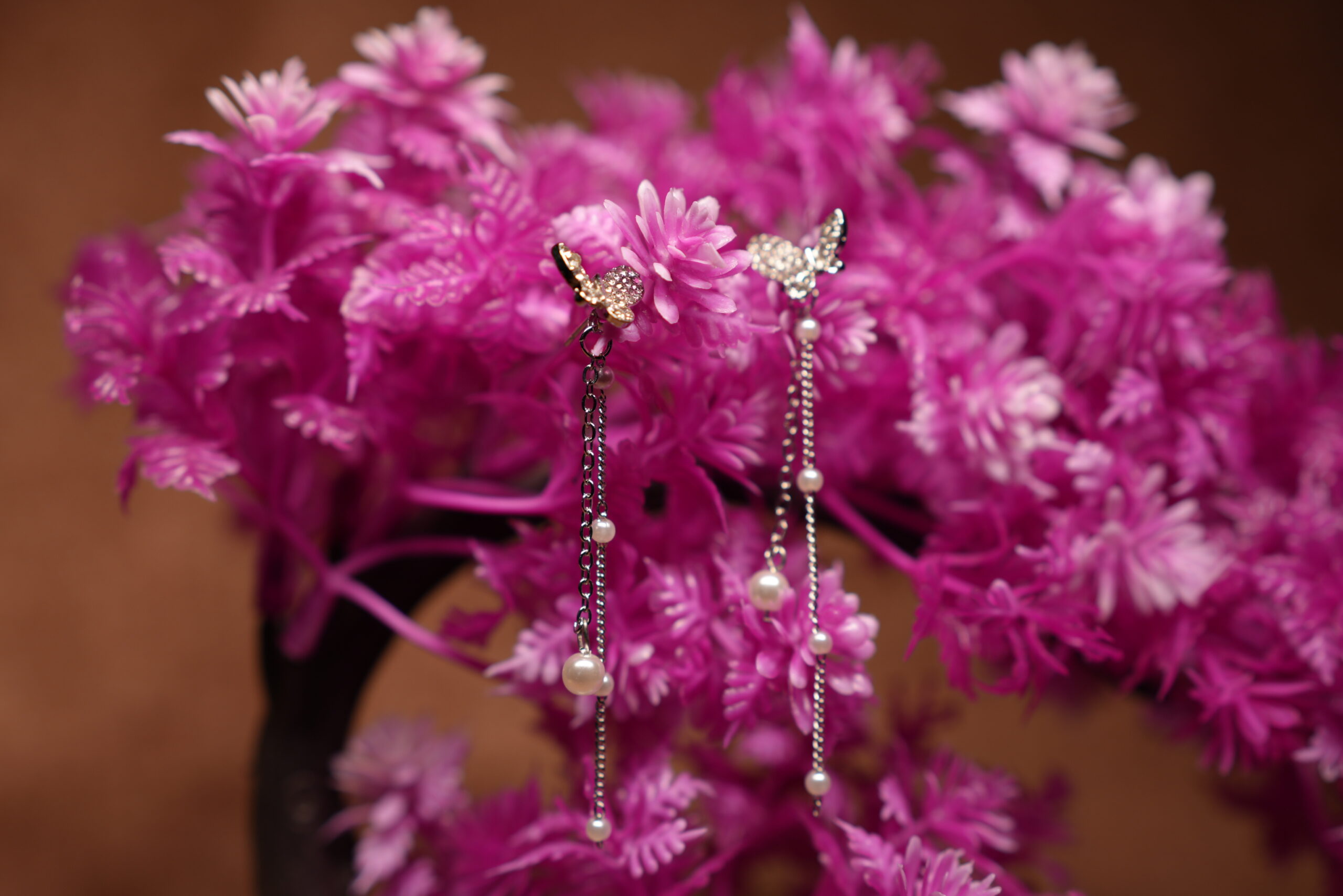 Crystal Butterfly Pearl Chain Drop Earrings – Silver Long Tassel - Image 3