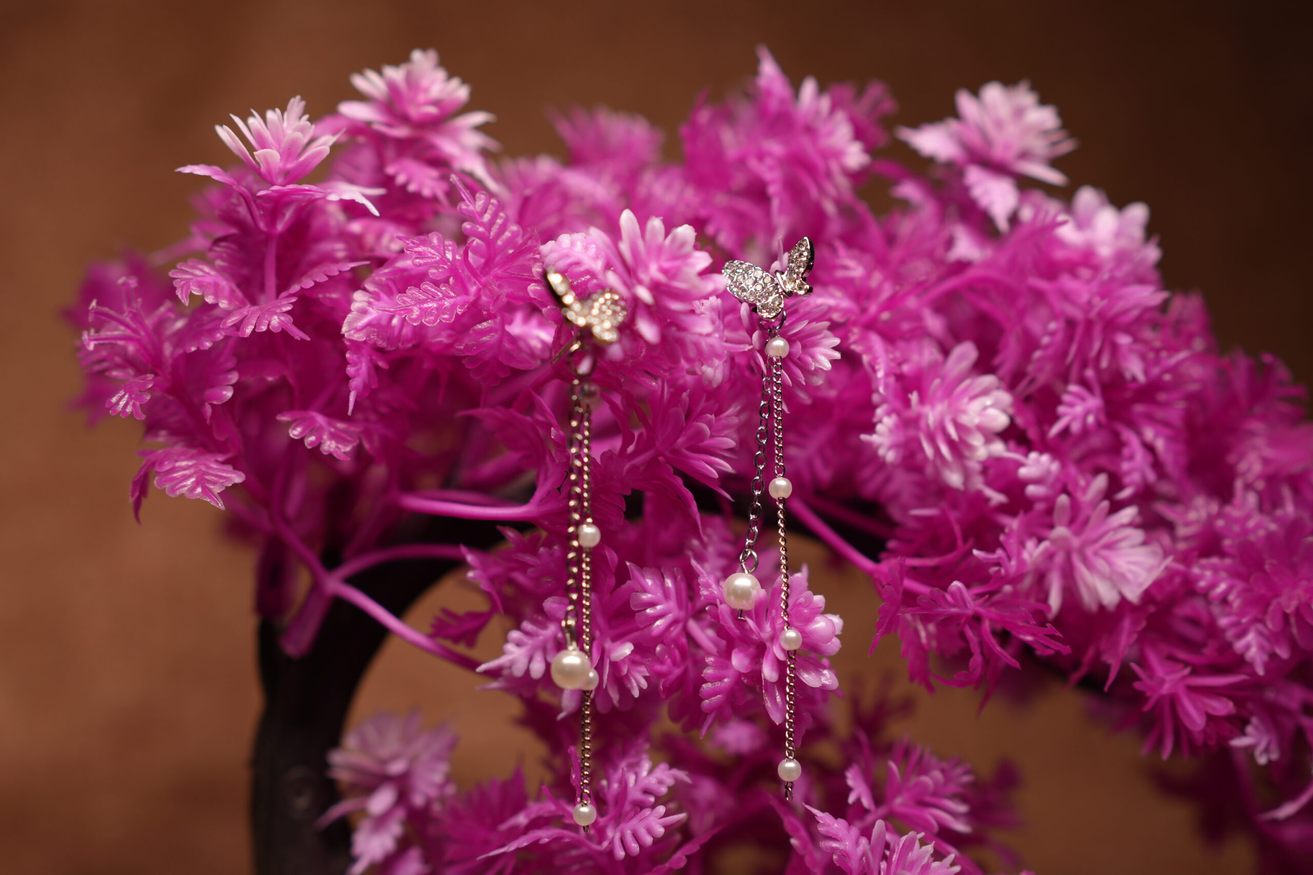 Crystal Butterfly Pearl Chain Drop Earrings – Silver Long Tassel - Image 4