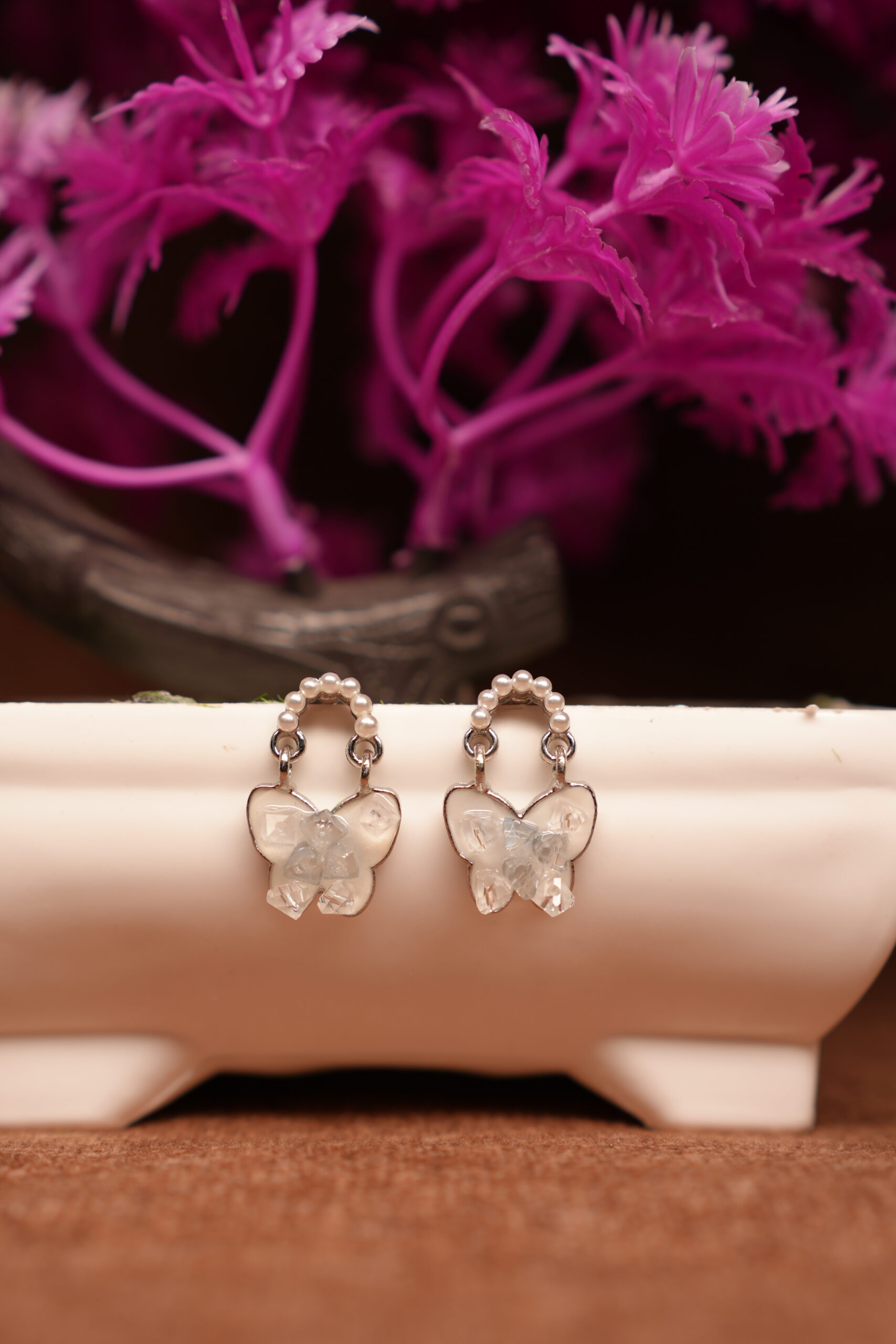 Pearl Hoop Crystal Butterfly Drop Earrings – Silver Stud - Image 3